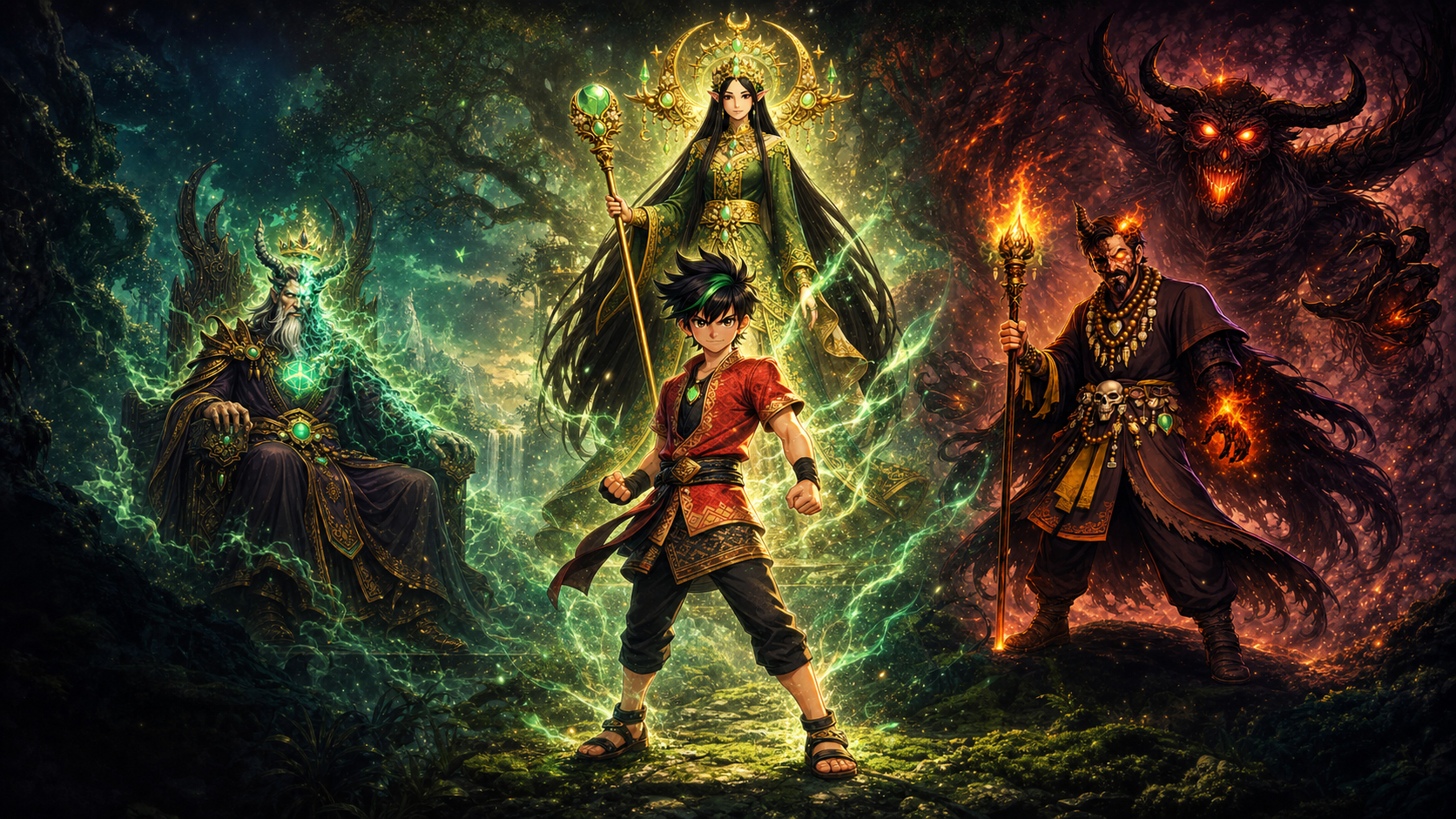 Amin Bunian concept key art featuring Amin, the Bunian Queen, Raja Silam and Pawang Hitam