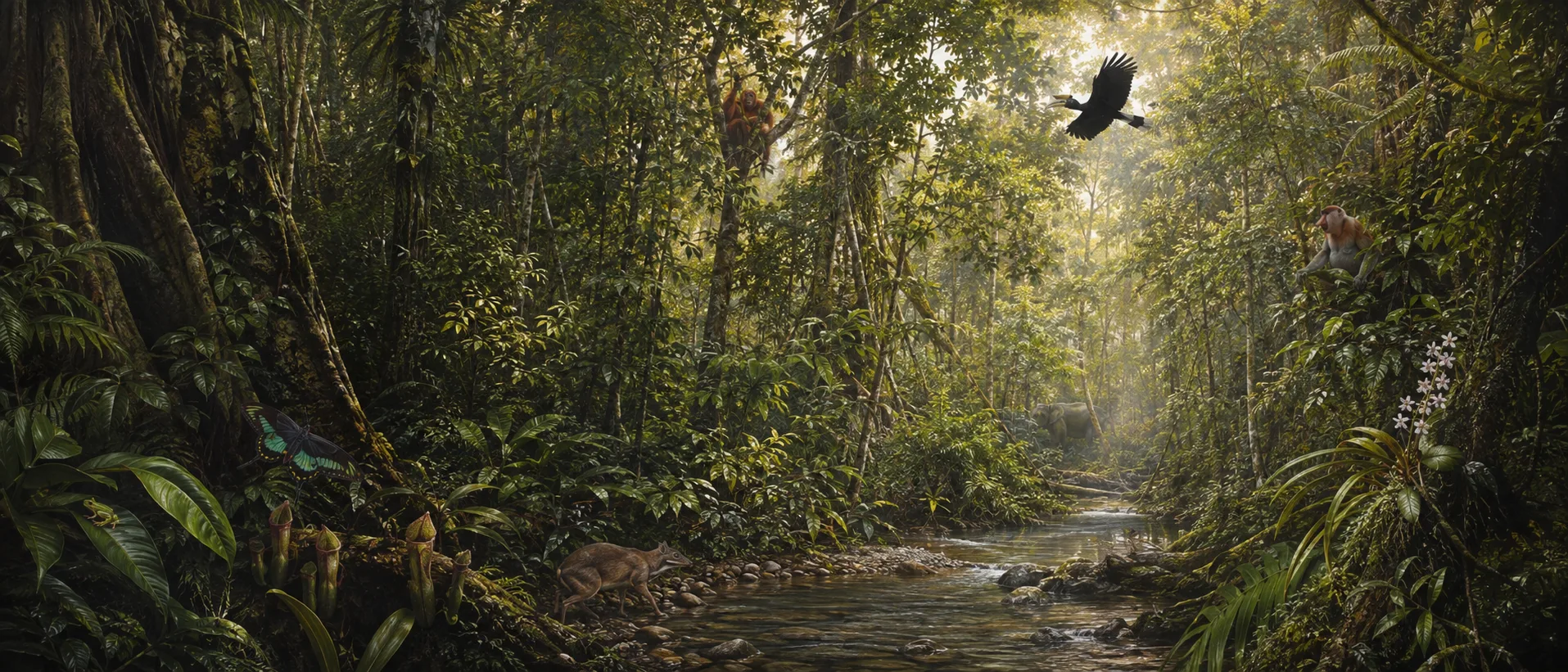 Hutan hujan Borneo yang subur dengan sungai dan hidupan liar