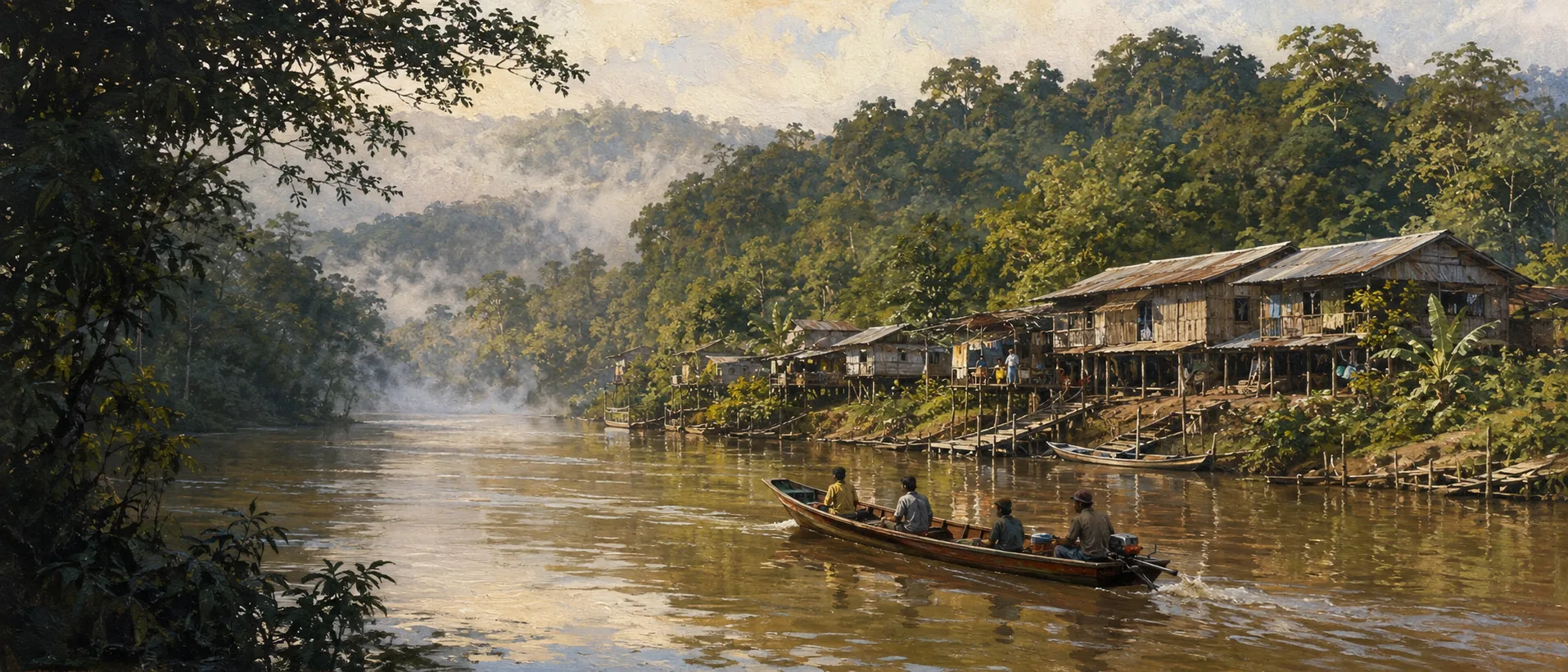 Penempatan di tebing sungai dalam landskap hutan Borneo