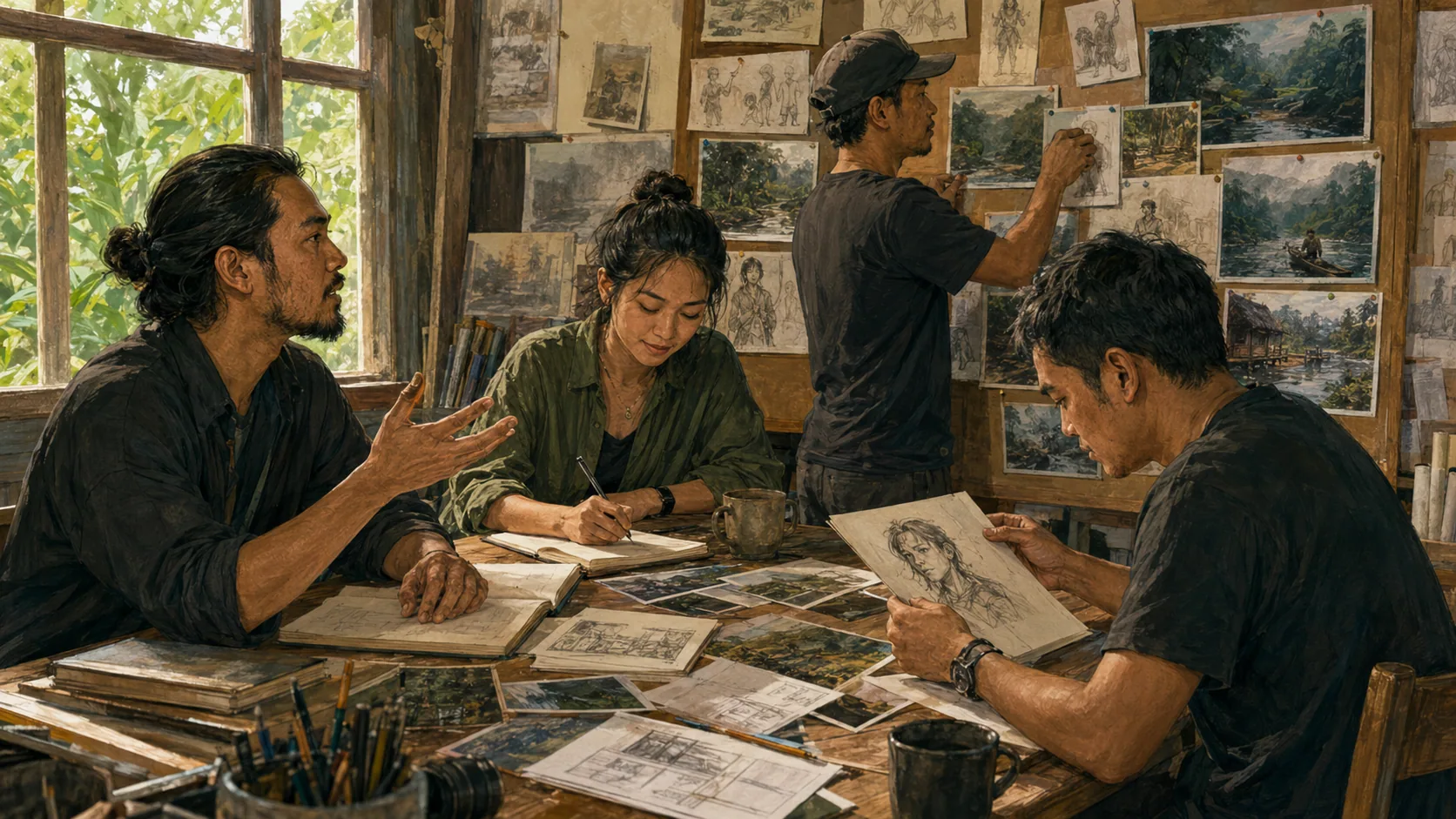 A creative team discussing and sketching ideas for a story