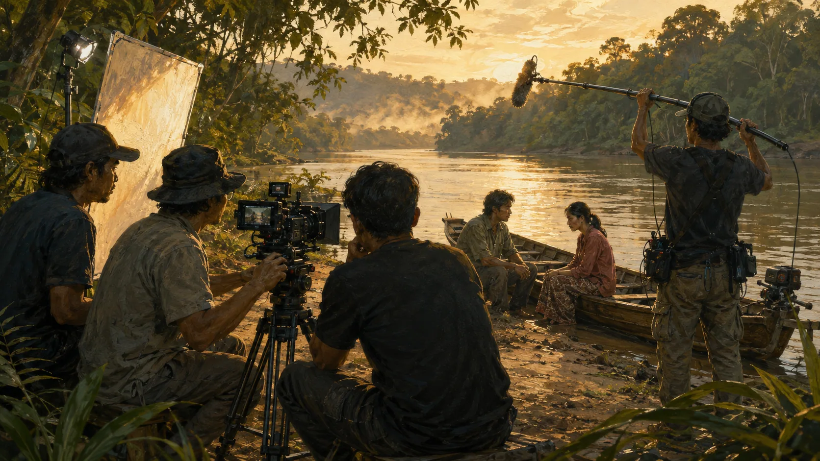 Pasukan produksi merakam sebuah babak di tebing sungai Borneo
