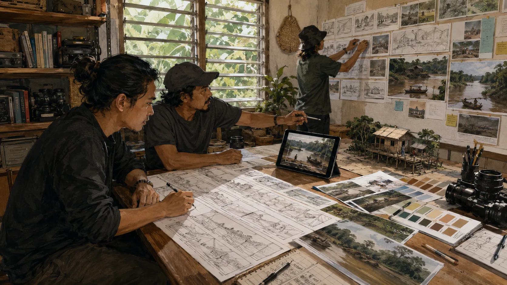 A team arranging storyboards and developing a visual language