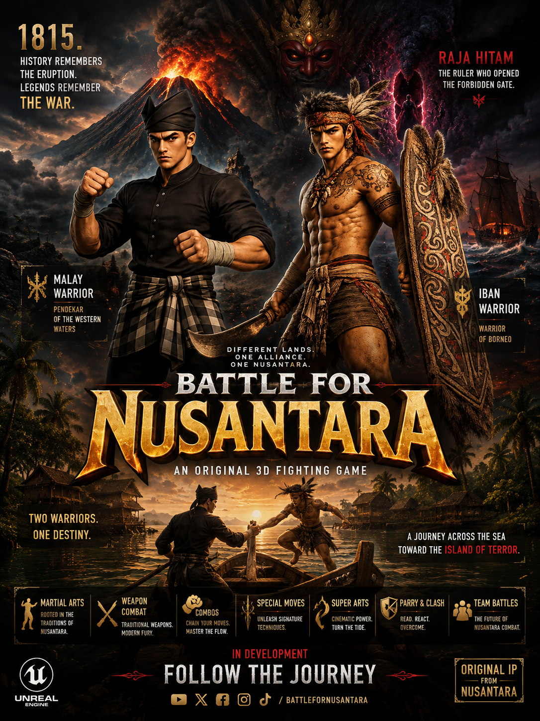 Official Battle for Nusantara concept poster featuring the Malay Warrior, Iban Warrior, Raja Hitam and Mount Tambora