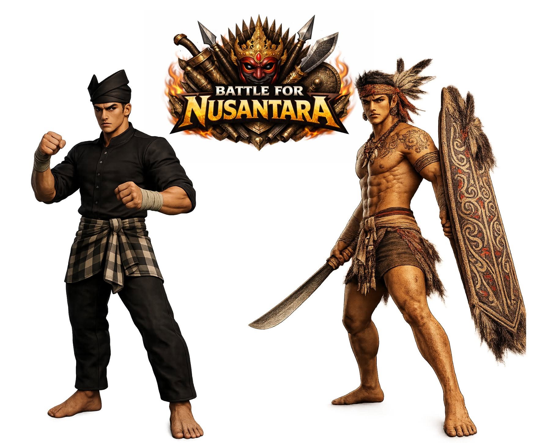 Malay and Iban warrior key art for Battle for Nusantara