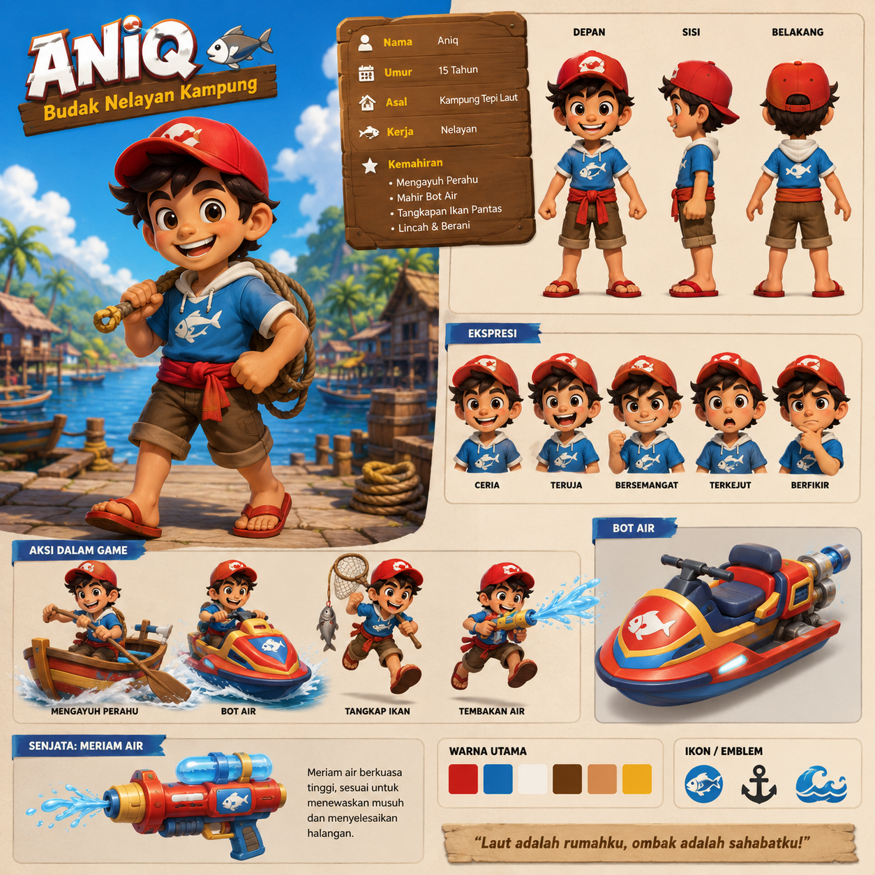 Aniq character concept sheet with poses, expressions, skills and equipment